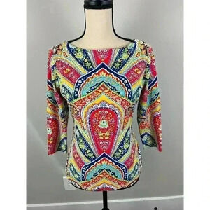J. Mclaughlin Geometric Catalina Cloth Blouse S Colorful 3/4 Sleeve Spandex